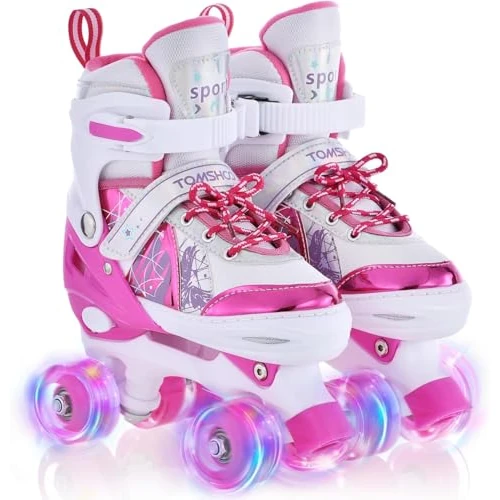 TOMSHOO Children's Roller Skates with 4 Sizes, Adjustable, LED Wheels, Multiple Size Options, for Christmas and Birthday Gifts, Size XS, Pink