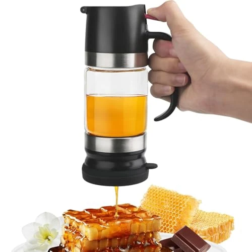 Ayolofei Honey Dispenser, 300 ml, geen druppel met handvat, glazen honingdispenser, geen druppel, honingdispenser met standaard, yrup dispenser voor koffie of thee, ideaal voor honing en ahornsiroop