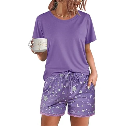 Demegimi Women's Short Pyjamas Summer Cotton Shorty Two Piece Sleepwear Short Sleeve Lace Pyjama Set Crew Neck, purple, L