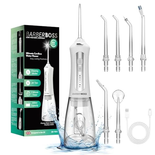 Offerta a tempo: BarberBoss Idropulsore dentale elettrico, Idropulsore dentale con 5 ugelli e modalità di pulizia, orale portatile, Pulitore per denti, QR-7024, (Bianco) - 37% da 44.99 € a 28.32 €