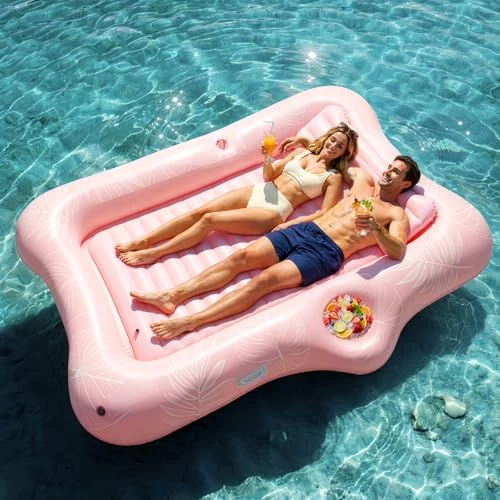 Tijdelijke aanbieding: HeySplash Opblaasbare zwembadzeil, grote opblaasbare drijvende boot voor volwassenen met bekerhouder en afneembaar kussen, zonnebad, rivier-, zomer-, waterfeest, roze blad van 129.99 € naar 129.99 € (0.00% korting)