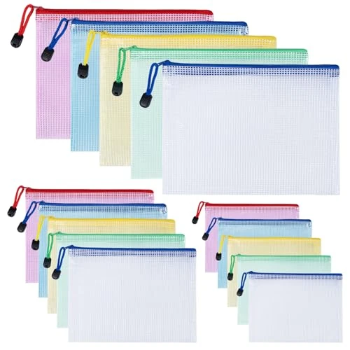 Carehabi bunte Dokumententasche A3+A4+A5, 15Pcs Wasserdichte Document Case, Mesh Beutel mit Reißverschluss, Datei Zipper Tasche Mesh Kunststoff Reißverschlusstasche für Dokumente, Kosmetika(3 Größen)
