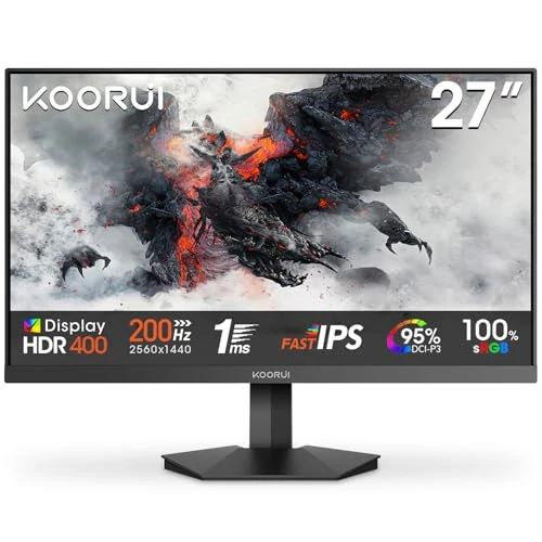 Offerta a tempo: KOORUI G2721P 27 Pollici Gaming Monitor, Quad HD 1440p Computer Monitors 2k,Fast IPS, 200Hz, 1ms, HDMI(2.0)*2, Sync Adaptive Tecnologia, VESA (75mm*75mm) Compatibile, Eye Care, Inclinazione Regolabile - 35% da 229.99 € a 149.99 €