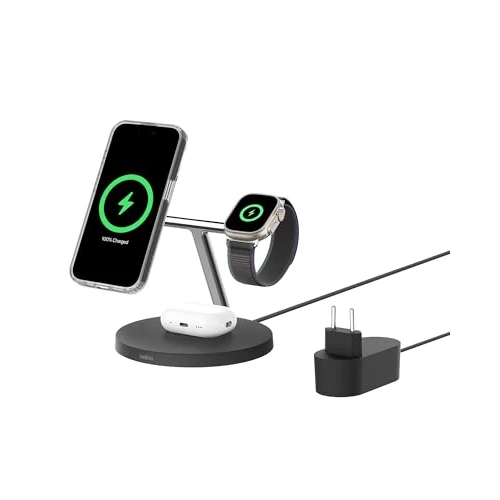 Belkin BoostCharge 3-in-1 Qi2 Charger, MagSafe Compatible Wireless Charging Station, Qi2 Wireless Charger for Apple iPhone 16 Series, Apple Watch, AirPods, with Non-Slip Base, with Power Adapter -