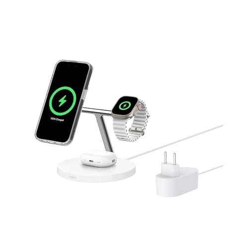 Belkin BoostCharge 3-in-1 Qi2 Charger, MagSafe Compatible Wireless Charging Station, Qi2 Wireless Charger for Apple iPhone 16 Series, Apple Watch, AirPods, with Non-Slip Base, with Power Adapter -