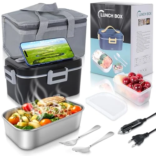 Romon Heated Lunch Box Set-1.8L Portable Electric Food Warmer, Stainless Steel Silicone, Black+Grey