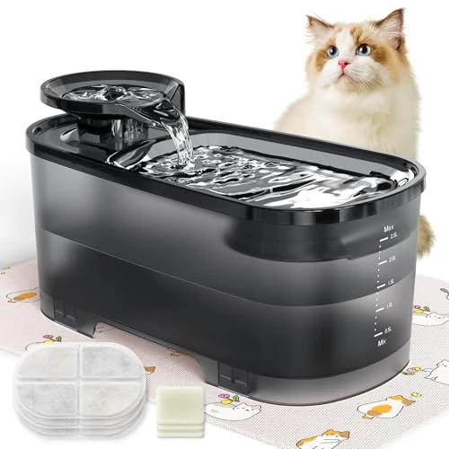 QEXREED Cat Water Fountain - 2.5L, Silent with Activated Carbon Filter, Black Translucent Tank for Multiple Pets