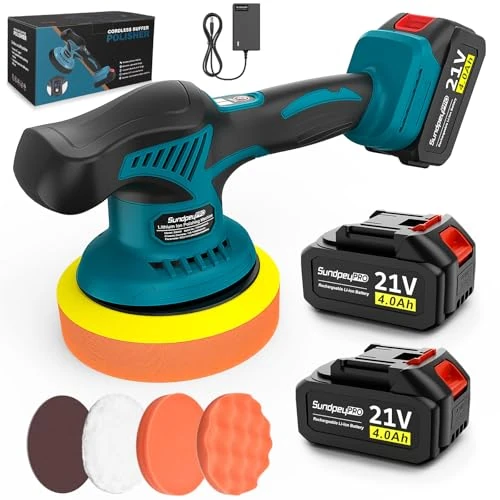 SundpeyPRO Pulidora Coche Inalambrica - 21V Pulidora Orbital Coche con 2 Baterías 4000mAh, 8 Velocidades Variables, 6000RPM, Pulidora Coche para Pulir, Encerar y Eliminar Arañazos del Coche
