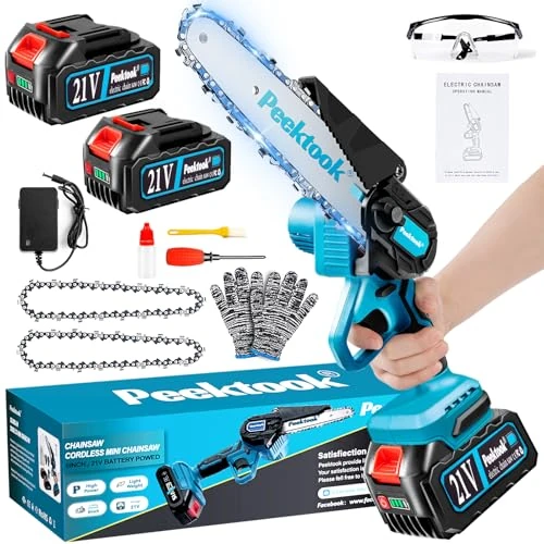 Mini pilarka łańcuchowa 6 cali, akumulatorowa piła łańcuchowa Peektook z 2 bateriami o dużej pojemności i 2 łańcuchami, elektryczna piła łańcuchowa z lekkim akumulatorem, mała piła łańcuchowa