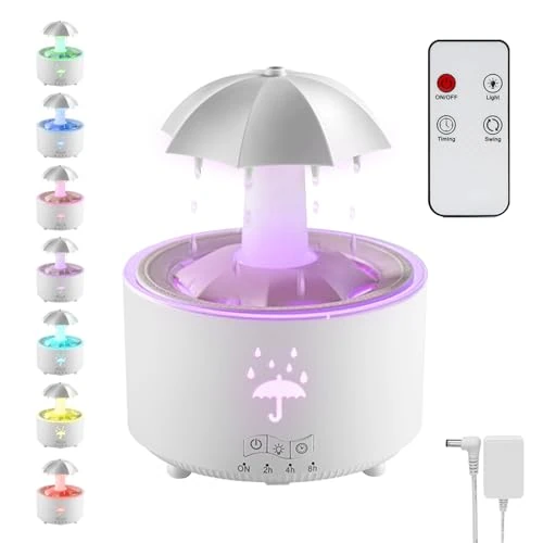 Offerta a tempo: Umidificatore a Ombrello, Umidificatore a Nuvola Di Pioggia Lampada A Fungo Pioggia Con Luce a 7 Colori, Suoni Della Pioggia Per Dormire, Luci a Led E Gocce Di Pioggia, Diffusore 350 Ml - 50% da 19.99 € a 9.99 €