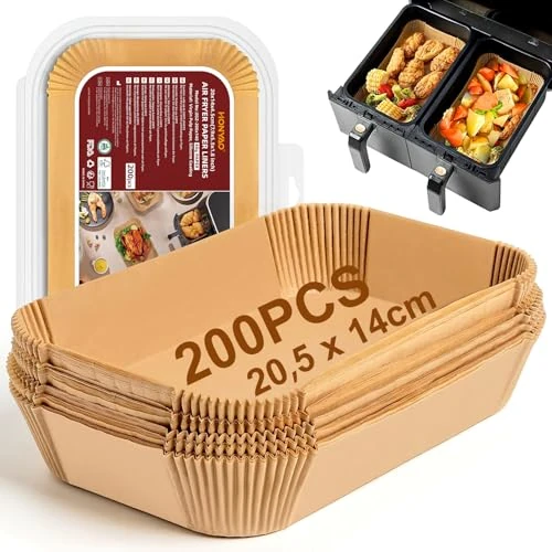 HONYAO Papel para Freidora de Aire Doble, 20,5x14cm 200 Piezas Rectangular Papel de Horno Accesorios Compatible con Cecotec Ninja Cookwise Dual Double Stack Air Fryer - Rectángulo