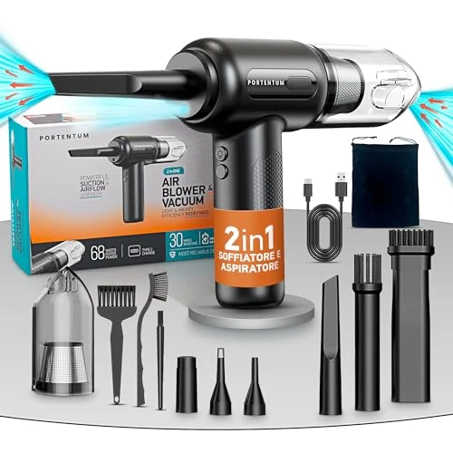 Offerta a tempo: PORTENTUM 2 in 1 Aspirapolvere Senza Fili et Aria Compressa - Batteria, 3 Velocità e Luce a LED - Aspirapolvere auto, Tastiera, PC, Casa, Auto - 0.00% da 32.99 € a 32.99 €
