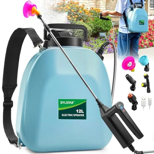 Offerta a tempo: SYLSTAR Pompa Irroratrice a Batteria 12L, 3 Velocità Pompa a Spalla a Batteria con Indicatore, 7,4V Atomizzatore Potente Nebulizzatore Giardino con 5 Ugelli Regolabili per Giardino Cortile Prato - 4% da 72.99 € a 69.99 €