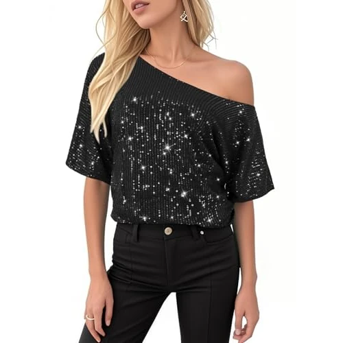 Oferta limitada: Segreto Blusa de fiesta con lentejuelas brillantes para mujer, camiseta de manga corta, cuello redondo, suelta, top de fiesta, XXL de 41.37 € a 41.37 € (ahorro 0.00%)