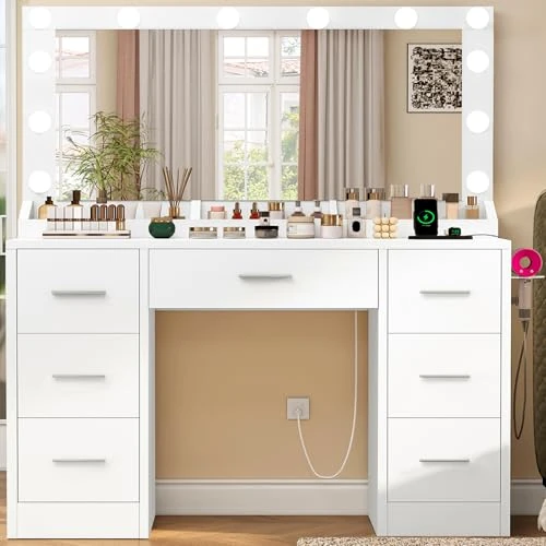 Offerta a tempo: TEENFON Toeletta Trucco con 12 Luci, Luminosità Regolabile, Toeletta da Trucco con Specchio e Presa, 7 Cassetto e 3 Vassoi per il Trucco, Bianco - 6% da 179.99 € a 168.99 €