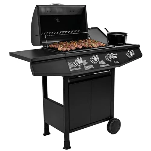 Oferta limitada: Amig - Barbacoa de gas Fireplus 3+1 de 8,4 kW - Acero inoxidable Negro - Parrilla con ruedas Modelo GRILL-3F - Barbacoa XXL con carro y termómetro - 117x52x103 cm - 4 quemadores y Bandeja lateral de 256.39 € a 207.03 € (ahorro 19%)
