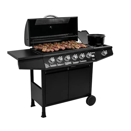 Amig - Barbecue a gas Fireplus 6+1 da 12,9 kW - Acciaio inox nero - Modello GRILL-6F - Barbecue XXL con carrello e termometro - Dimensioni: 138 x 52 x 103 cm - 7 bruciatori e ripiano laterale