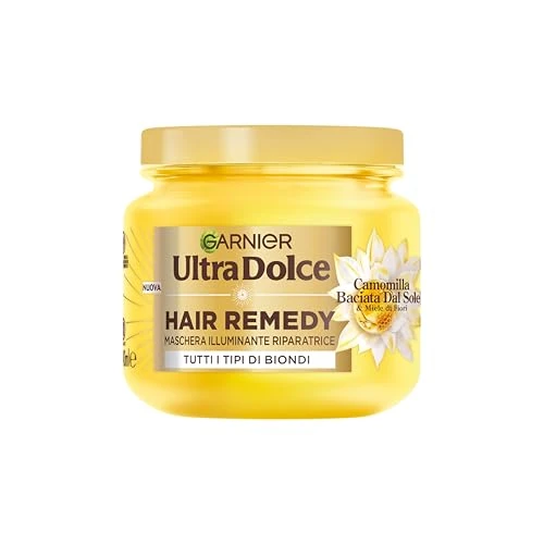Garnier Maschera Illuminante Riparatrice, Per Tutti i Tipi di Capelli Biondi, Capelli più Morbidi e Luminosi, Arricchita con Camomilla e Miele di Fiori, Hair Remedy, Ultra Dolce, 340 ml