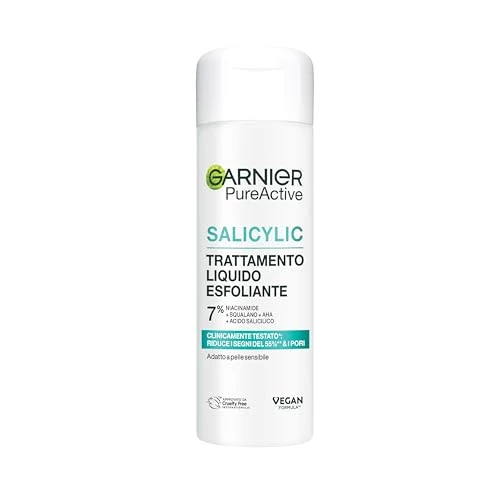 Offerta a tempo: Garnier Trattamento Liquido Esfoliante, Pelle Liscia e Levigata, Pori e Segni Post Acneici Ridotti, Arricchito con Acido Salicilico, Niacinamide, Squalano, AHA, Pure Active, 120 ml - 32% da 9.99 € a 6.83 €
