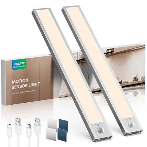 Offerta a tempo: LROLTEF Luce LED Sottopensile Cucina 4000K 21CM Sensore di Movimento per Luci 1500mAh 32 LED Luce Armadio Lampada Dimmerabile per Cucina Scale Soggiorno Bagno Camere da Letto | 2 Pezzi Argento - 10% da 19.99 € a 18.04 €