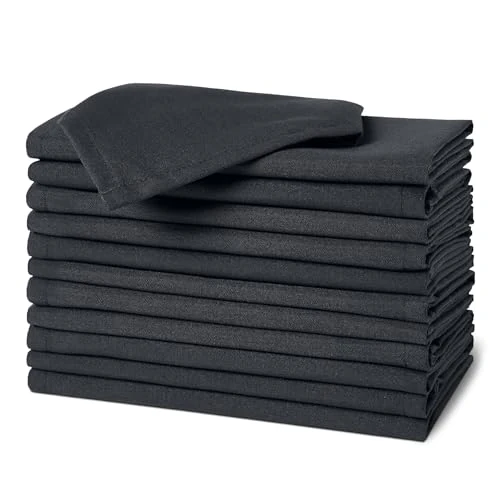 Amazon Basics Wiederverwendbare schmutzabweisende und knitterfreie Stoffservietten, 12er-Pack, 43 x 43 cm, Schwarz