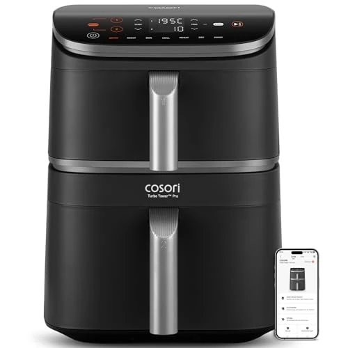 COSORI Air Fryer 10.8L Turbo Tower Pro Smart, Friteuse sans huile avec 100% en Céramique, Dual Blaze&Turbo Blaze,3 Niveaux Cuisson,7 Fonctions de Cuisson,68% d’Économie d’Énergie,300+ Recettes