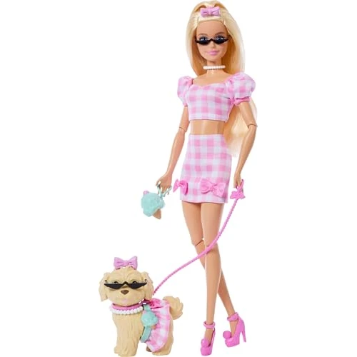 Barbie Twinning Looks Puppe mit Hündchen im Partnerlook mit rosa Gingham-Outfits und Accessoires wie Sonnenbrillen, Halsketten und Schleifen, blond, JFP36