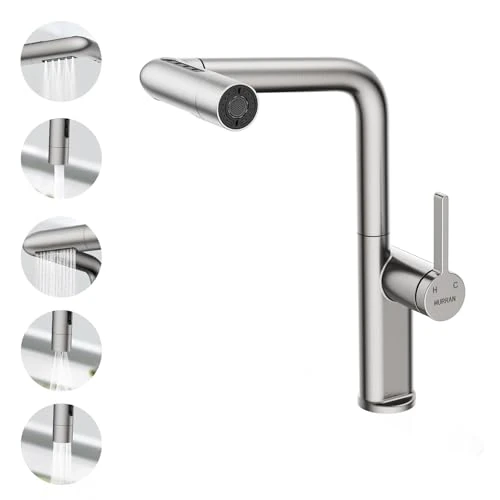 Wasserhahn Küche mit Ausziehbrause, HURRAN Küchenarmatur mit 5 Auslaufmodi, 360° Schwenkbarer Einhebelmischer, Gebürstetes Nickel