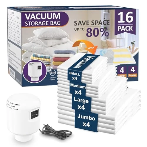 BQSS Worki próżniowe na ubrania z elektryczną pompką powietrza, 16 sztuk, 4jumbo, 4 duże, 4 małe, na kołdry, materace, koce, poduszki, podróże, szybkie spuszczanie powietrza, oszczędność miejsca