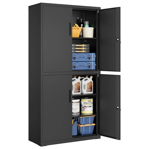 Tijdelijke aanbieding: SONGMICS Garagekast met 5 planken en 4 deuren, 80,1 x 40,2 x 180 cm | Kantoorkast, 2 sloten, verstelbare planken, staal, mat zwart, BEREND Collection OMC016B01 van 203.99 € naar 203.99 € (0.00% korting)