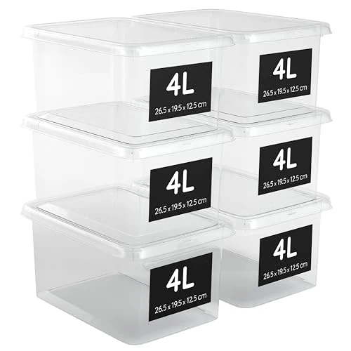 Offre limitée : AHIOVA Boites Rangement Plastique Petites 4L avec Couvercle Lot 6 Empilables 100% Transparentes Clic Pression 26,5x19,5x12,5cm Salle Bain Tiroirs Bureau Sans BPA de 31.80 € à 31.97 € (-0.53% de remise)