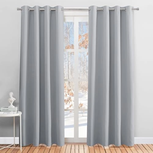PONY DANCE Rideau Occultants Isolant Thermique Lumière Bloquer Salon à Oeillets Tissu Lourd pour Chambre, Prêt Poser, 140L X 210H cm, Gris Argenté, 2 Pièces