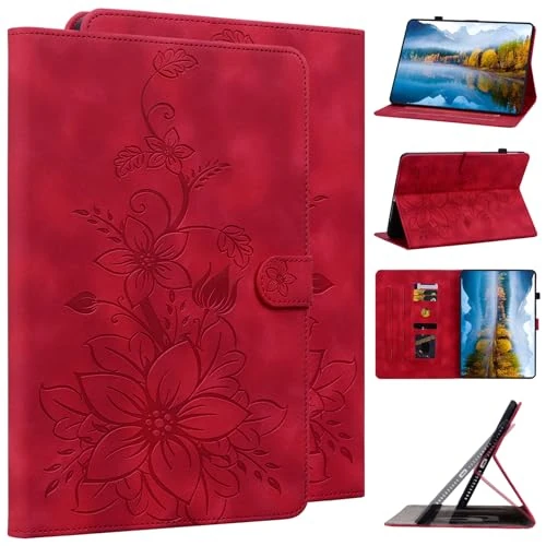 DayQiQiPu Case for Amazon Fire HD 10 tablet (10.1 Inch, 13th Generation, 2023 Release) PU Leather Lotus Lily Flower Pattern Flip Tablet Case Card Slot Stand Protection Cover,Red