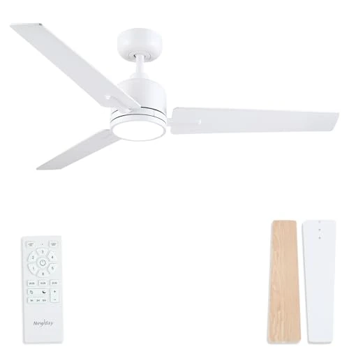Offerta a tempo: Newday Ventilatore da Soffitto Legno e Bianco, 122cm Ventilatore da Soffitto con Luce e Telecomando Silenzioso, Pale da Soffitto con Luce Dimmerabile, Ventola Soffitto Réversible per Camera da letto - 19% da 105.99 € a 85.99 €