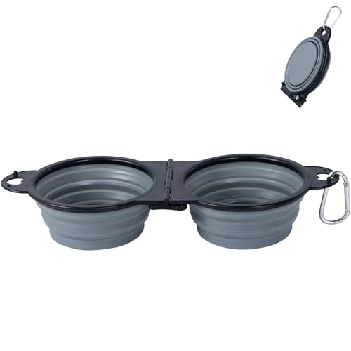 2 in 1 Pet Food Fold Bowl Dog Water and Food Bowl Dog Cat Travel Bowl Portable Pet Bowls for Walking (Grey)