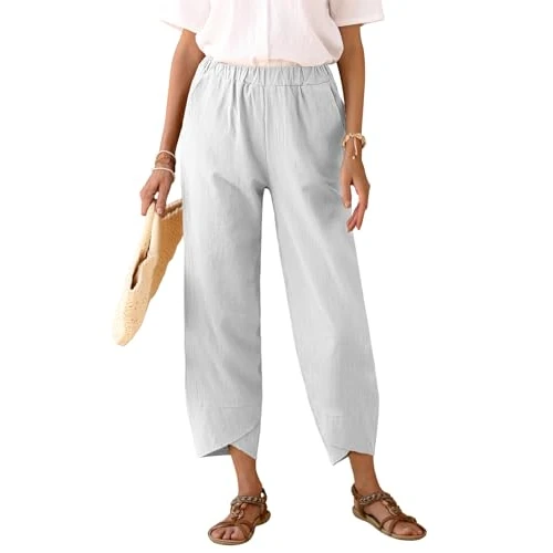 heekpek Pantalon Été Femme Lin Coton Large Fluide Pantacourt Femme Été Leger Taille Haute Elastique Detente Pantalon 7/8 Ample Pants de Plage, Blanc, M