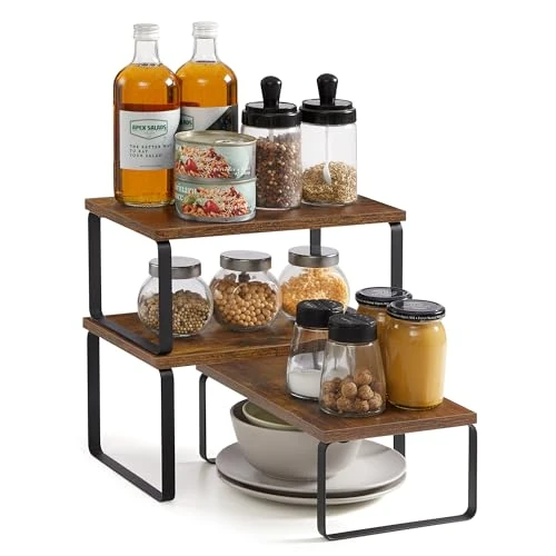 Offerta a tempo: SONGMICS Organizzatori Armadio da Cucina, Set di 3 Scafali da Banco, Impilabili, Portaspezie Espandibile, in Metallo e Legno Ingegnerizzato, Nero Opaco e Marrone Vintage KCS220K02 - 39% da 29.99 € a 18.39 €