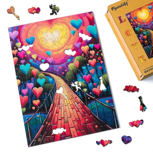 Figured'Art Wooden Puzzle for Adults and Children 200 Pieces – Path of Hearts – Original Design 23 x 32.5 cm Unique Shape with Premium Wooden Box, Perfect for Giving as a Gift