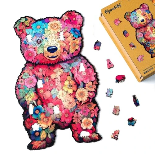 Figured'Art Wooden Puzzle for Adults and Children 200 Pieces Animals – Floral Teddy Bear – Original Design 21.5 x 36 cm Unique Shape with Premium Wooden Box, Perfect for Giving as a Gift