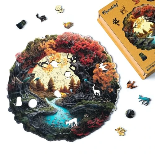 Figured'Art Wooden Puzzle for Adults and Children 200 Pieces – Autumn River – Original Design 28.5 x 28.2 cm Unique Shape with Premium Wooden Box, Perfect for Giving as a Gift