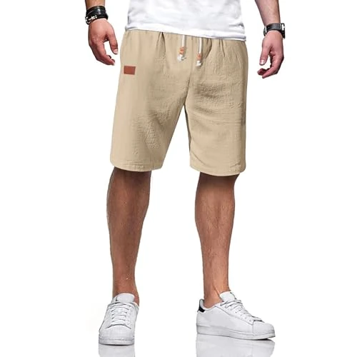 Offerta a tempo: TARAINYA Pantaloncini Lino Uomo Bermuda Uomo in Morbido Cotone e Lino con Cordino Regolabile e Tasche Beige Chiaro L - 0.00% da 29.98 € a 29.98 €