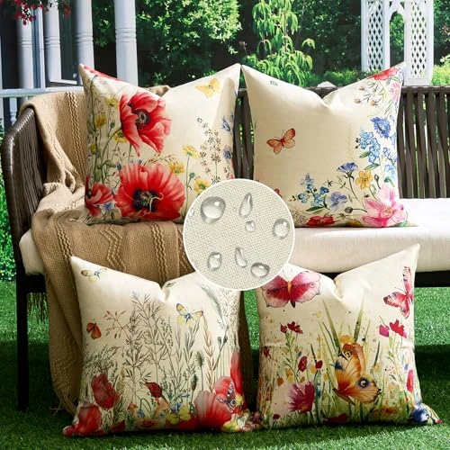Offerta a tempo: Federe Cuscini Divano 45x45 Primavera Estate Fiore Copricuscini Decorativi Esterno Impermeabile Lino Fodera per cuscino Quadrate per Giardino Soggiorno Camera da Letto Sedia Auto Maison Set di 4 - 45% da 19.99 € a 10.99 €