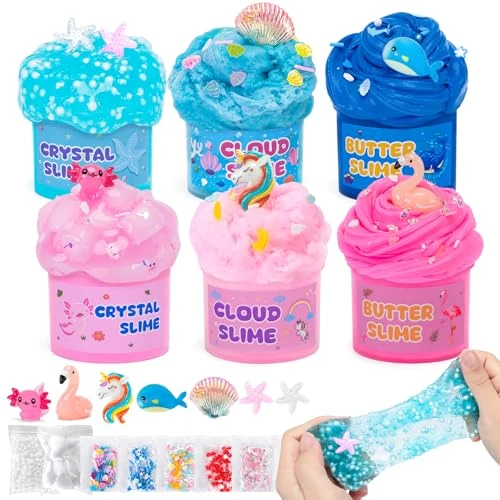 Kazzley Kit Slime 6 Pack Fluffy Cloud et Butter & Clear, Antistress avec Unicorn Axolotl Charms - Cadeaux d'anniversaire pour Filles et Garçons