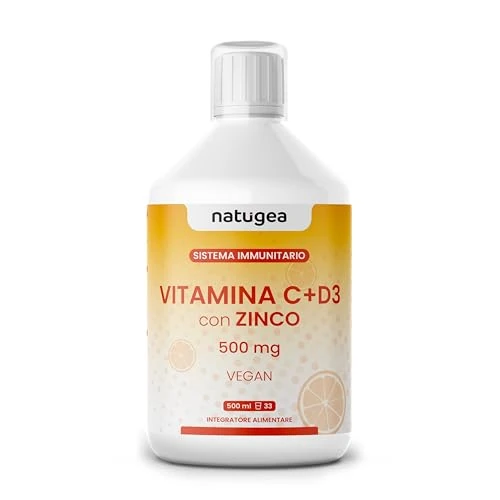 Natugea - Integratore Liquido Vitamina C, Vitamina D3 e Zinco, Integratori Sistema Immunitario e Energia, con Misurino Incluso, Rafforza Difese Immunitarie, Formula Liquida e Vegana, 500 ml
