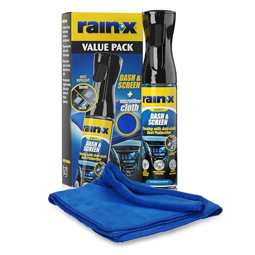 Rain-X Dash & Screen – Streifenfreier Reiniger mit Antistatik-Effekt für Kunststoff & Bildschirme + Mikrofasertuch – 300 ml