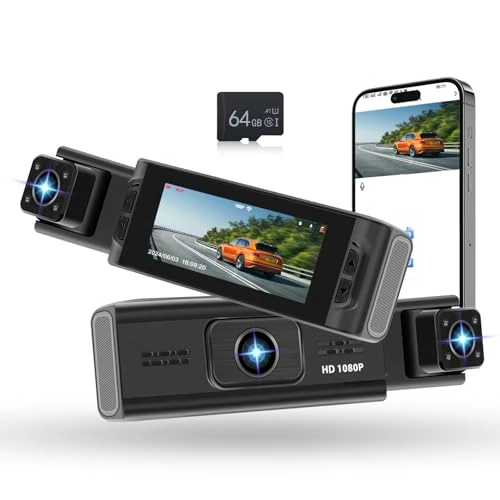 Dual Dash Cam Front et Caméra Intérieure, Écran IPS de 3,16 Pouces Camera Embarquée Voiture avec Carte 64G, Hodozzy WiFi Dashcam FHD 1080P Caméra avec APP, Enregistrement en Boucle, Vision Nocturne