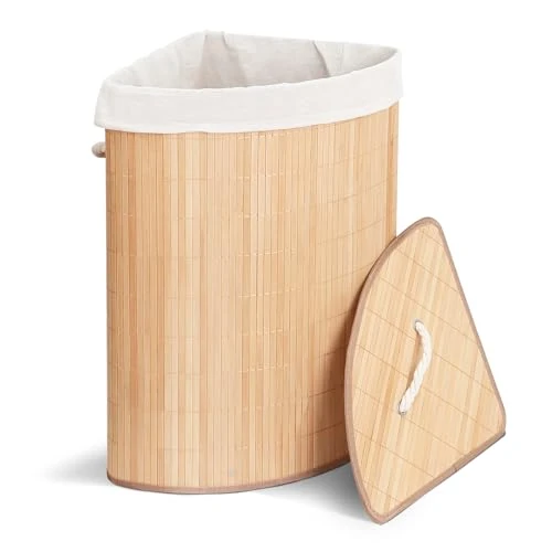 Offerta a tempo: VOUNOT® Cesto Portabiancheria Angolare in Bambù 58L, Cesto Pieghevole per Panni Sporchi con Coperchio, Manici e 2 Borse Rimovibili, per Bagno, Lavanderia e Camera da Letto, Naturale - 41% da 28.99 € a 16.99 €