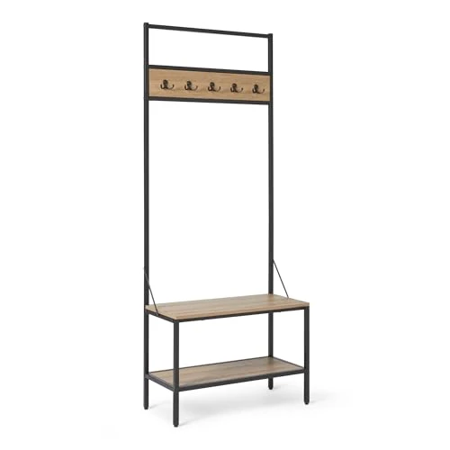 Amazon Basics Bank für den Eingangsbereich mit Haken, Garderobenständer, Kleiderständer, Flurgarderobe mit Schuhfach, 34cm x 72cm x 182cm, Eiche