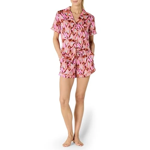 Limited-time offer: Amazon Essentials Women's Satin Short Sleeve Button-Down Top and Short Sleepwear Set, Brick Red Fan Floral, XXL from 9.55 £ to 9.55 £ (save 0.00%)