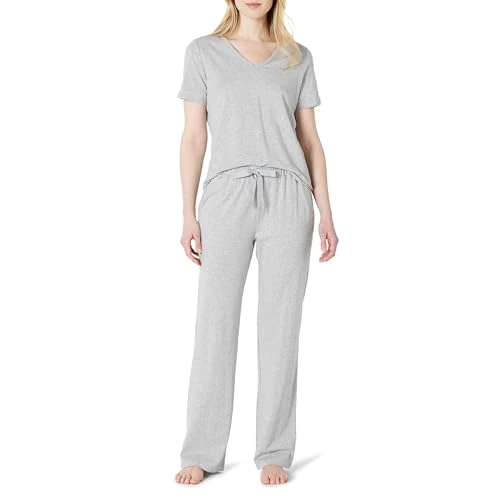 Amazon Essentials Ensemble de Vêtements de Nuit, Pantalon et T-shirt à Manches Courtes en Mélange de Coton Doux Femme, Gris Medio Mezcla, S